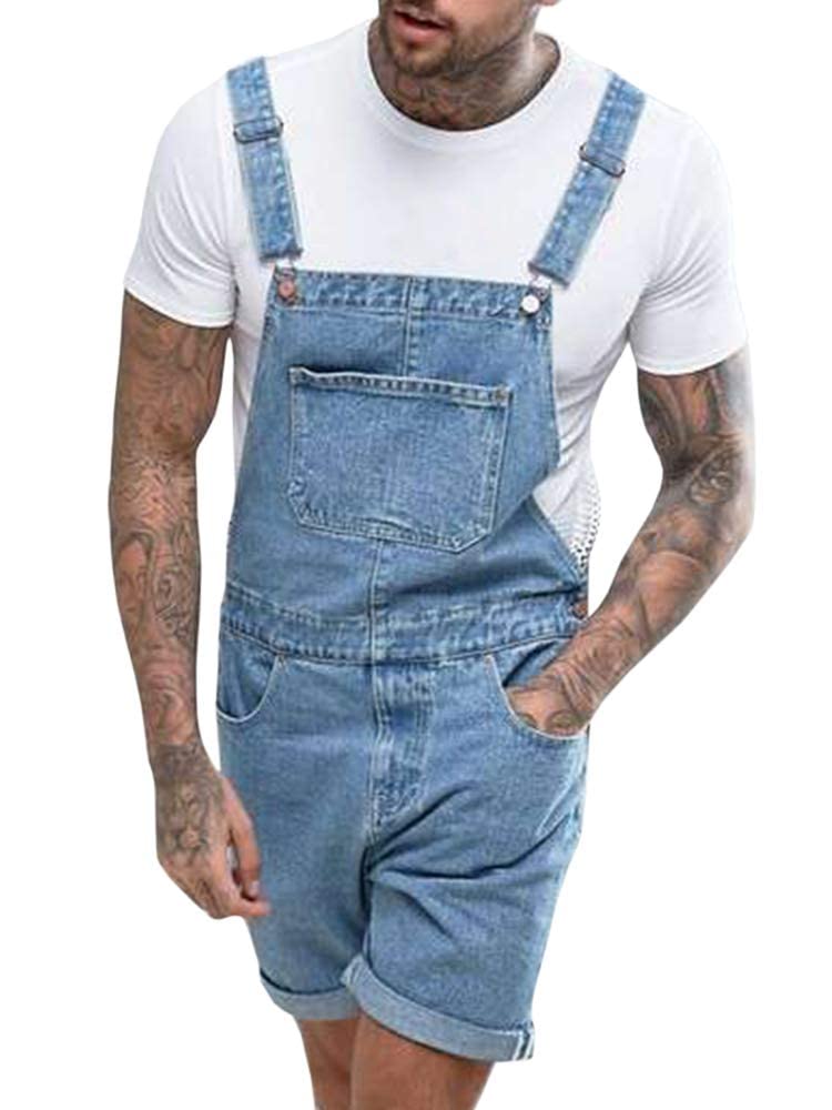 Runcati Mens Denim Shorts Bib Overall Jean Romper Casual Relaxed Fit Walkshort Button Pockets Summer Jumpersuit - Image 1